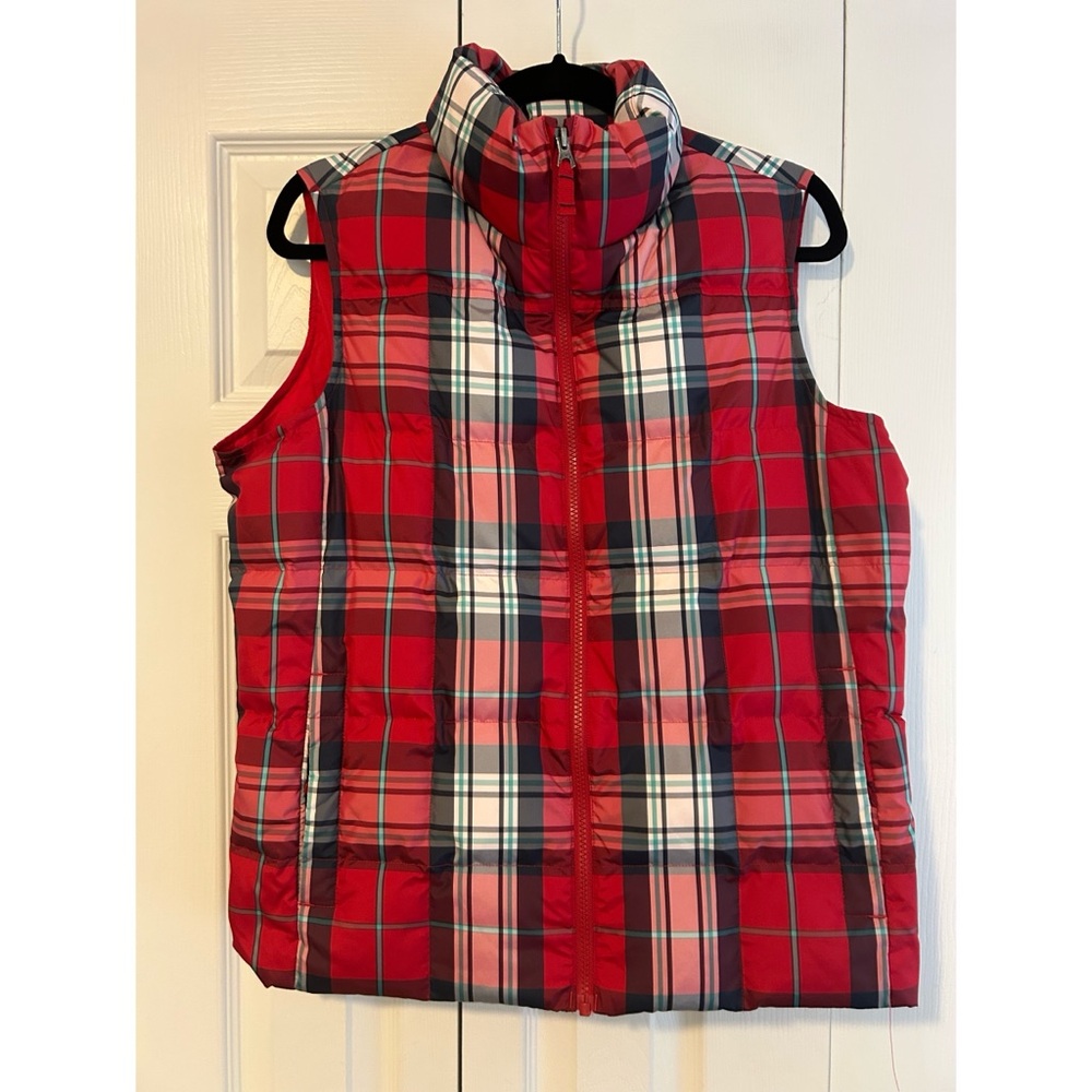 EUC Lands' End Red/Navy/White/Teal Plaid Puffer Vest Sz M/P 10-12